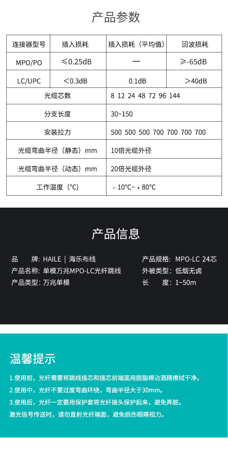 单模MPO-LC光纤跳线24芯 OS2万兆单模40G/100G转10G/25G 模块用跳纤_http://www.haile-cn.com.cn_布线产品_第4张