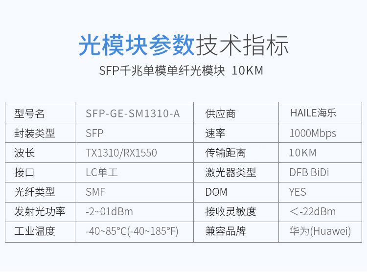 SFP-GE-SM1310-A千兆单模单纤光纤模块1.25G 1310/1550 带DDM 1对装兼容华为H3C锐捷中兴思科_http://www.haile-cn.com.cn_数据中心_第2张