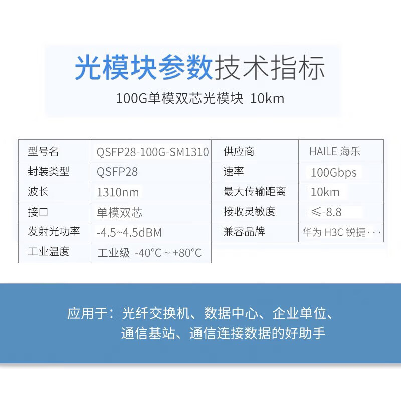 QSFP28-100G-SM1310 100G单模双芯光模块 1310nm 10km 1个装 带DDM兼容华为 H3C 锐捷 中兴 思科_http://www.haile-cn.com.cn_布线产品_第8张