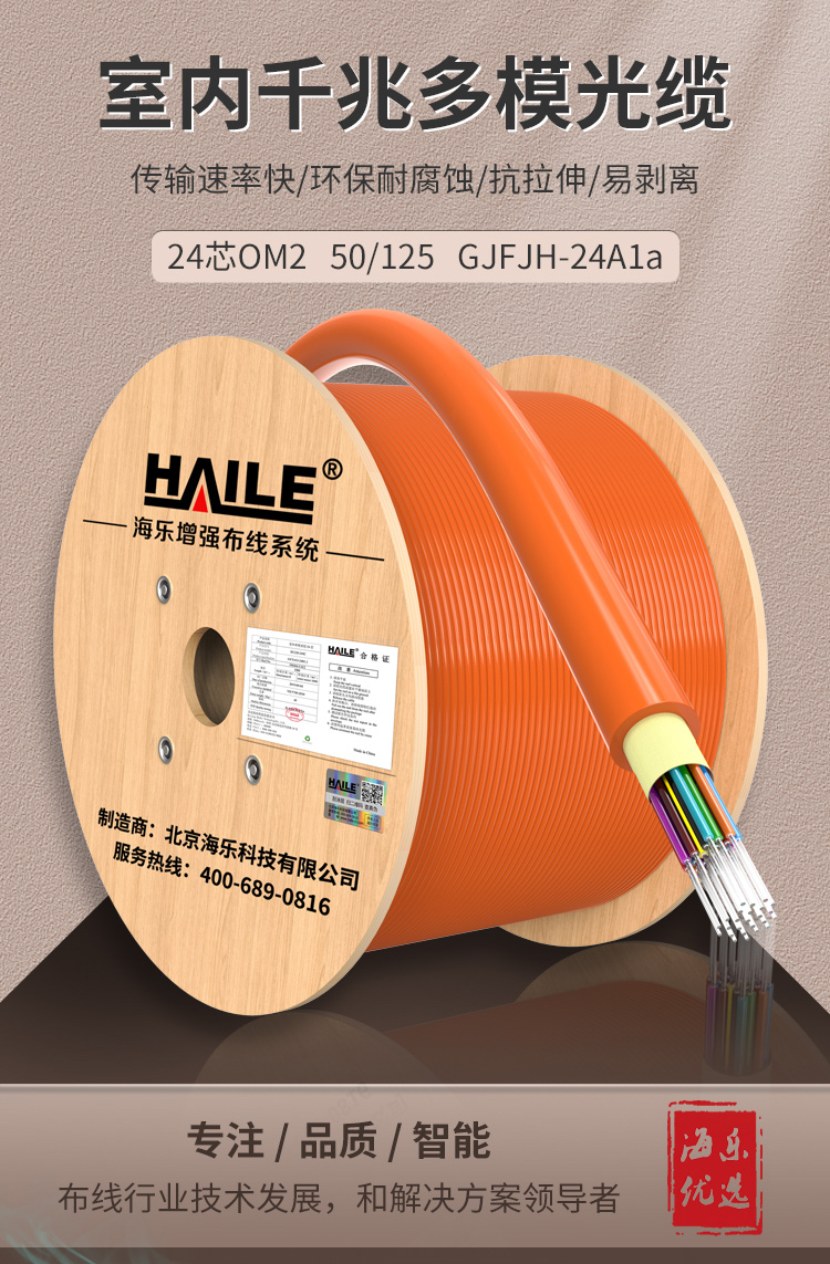 千兆多模OM2室内光纤光缆 50/125 GJFJH-4A1a 束状软光缆 100米 HT-200-4MD多买整条发货_http://www.haile-cn.com.cn_室内光缆_第1张