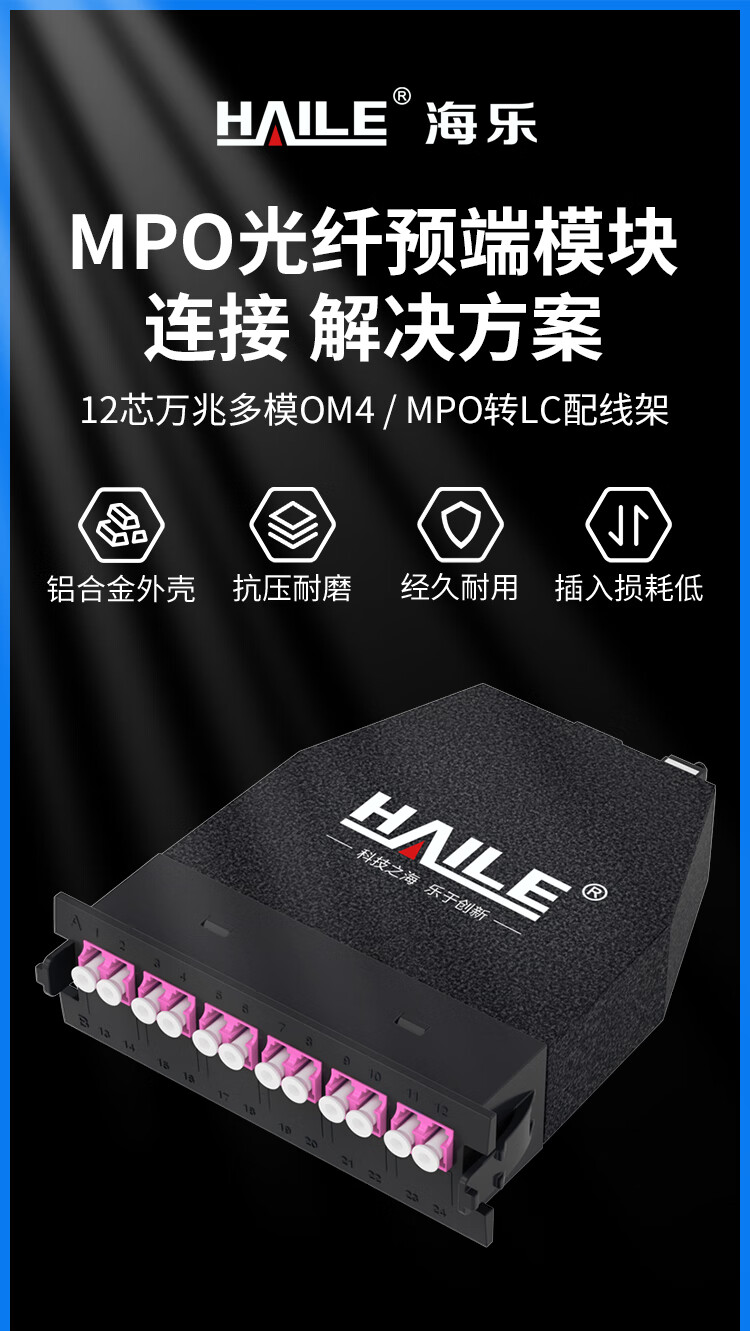 MPO光纤预端模块 12芯万兆多模OM4 MPO转LC配线架盒子_http://www.haile-cn.com.cn_数据中心_第1张