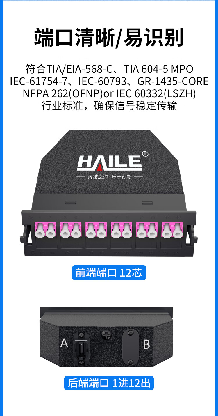 MPO光纤预端模块 12芯万兆多模OM4 MPO转LC配线架盒子_http://www.haile-cn.com.cn_数据中心_第3张