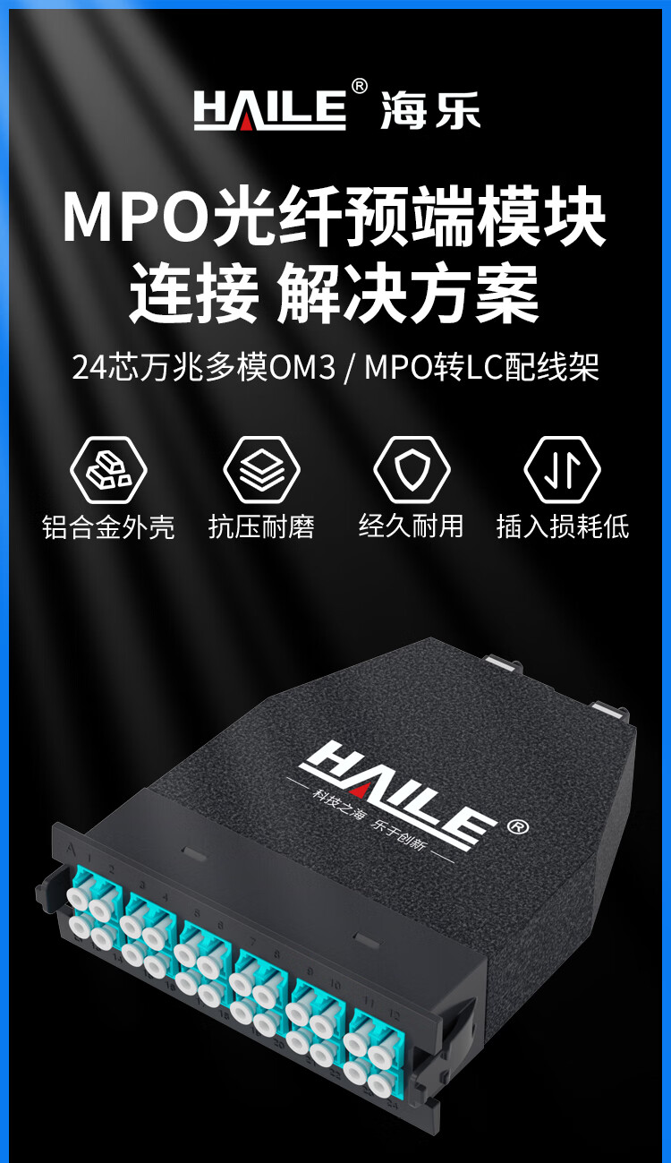 MPO光纤预端模块 24芯万兆多模OM3 MPO转LC配线架盒子2进24出_http://www.haile-cn.com.cn_布线产品_第1张
