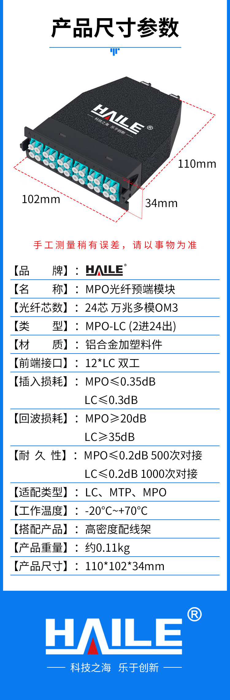 MPO光纤预端模块 24芯万兆多模OM3 MPO转LC配线架盒子2进24出_http://www.haile-cn.com.cn_布线产品_第6张