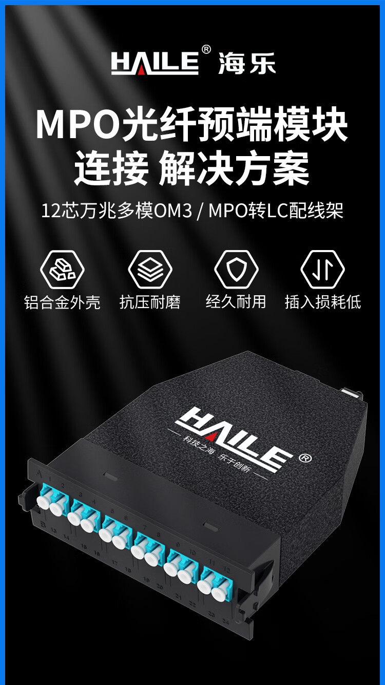 MPO光纤预端模块 12芯万兆多模OM3 MPO转LC配线架盒子_http://www.haile-cn.com.cn_数据中心_第1张
