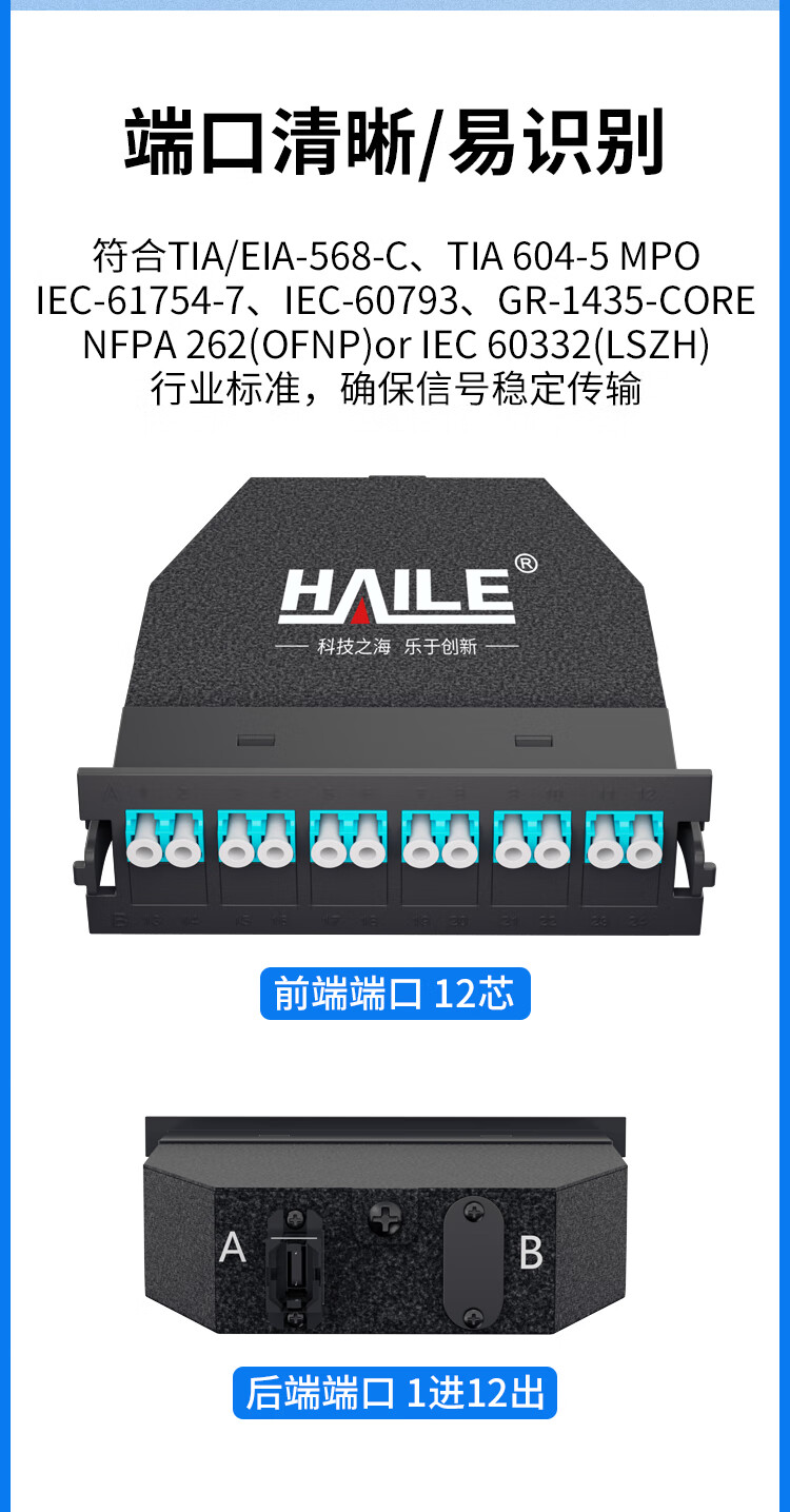 MPO光纤预端模块 12芯万兆多模OM3 MPO转LC配线架盒子_http://www.haile-cn.com.cn_数据中心_第3张