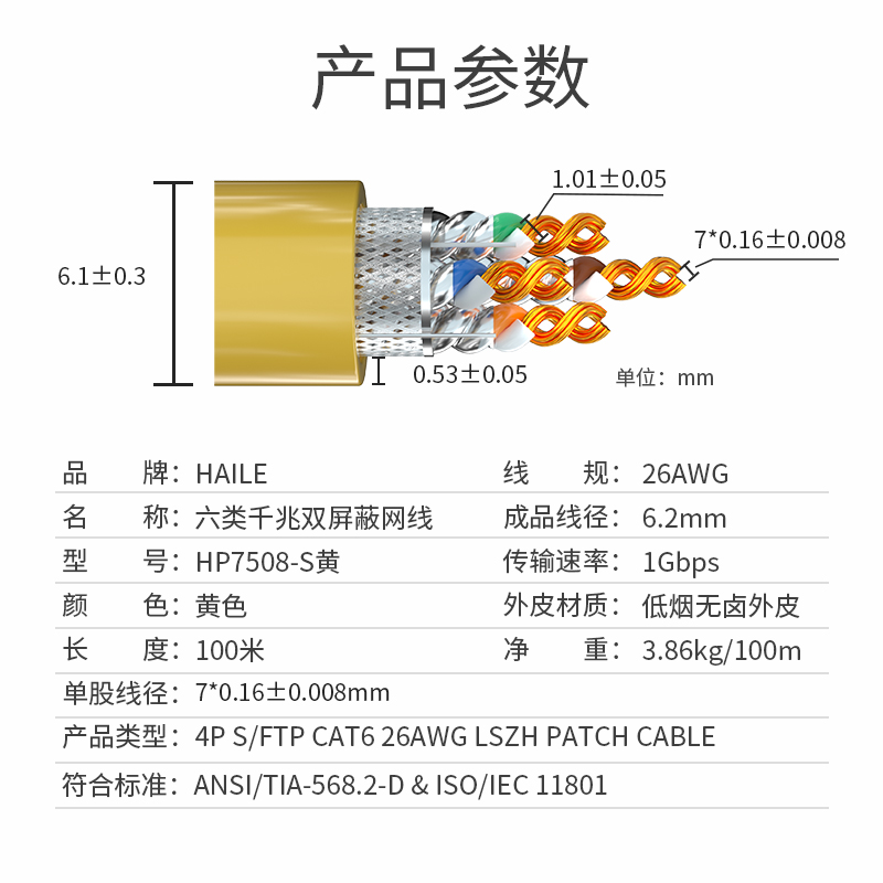 HAILE海乐内外网双屏蔽网络软线 100米 HP7508-S黄_http://www.haile-cn.com.cn_专网屏蔽产品_第2张