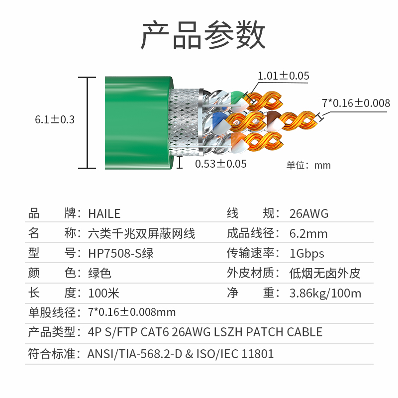 HAILE海乐内外网双屏蔽网络软线 100米 HP7508-S绿_http://www.haile-cn.com.cn_专网屏蔽产品_第2张